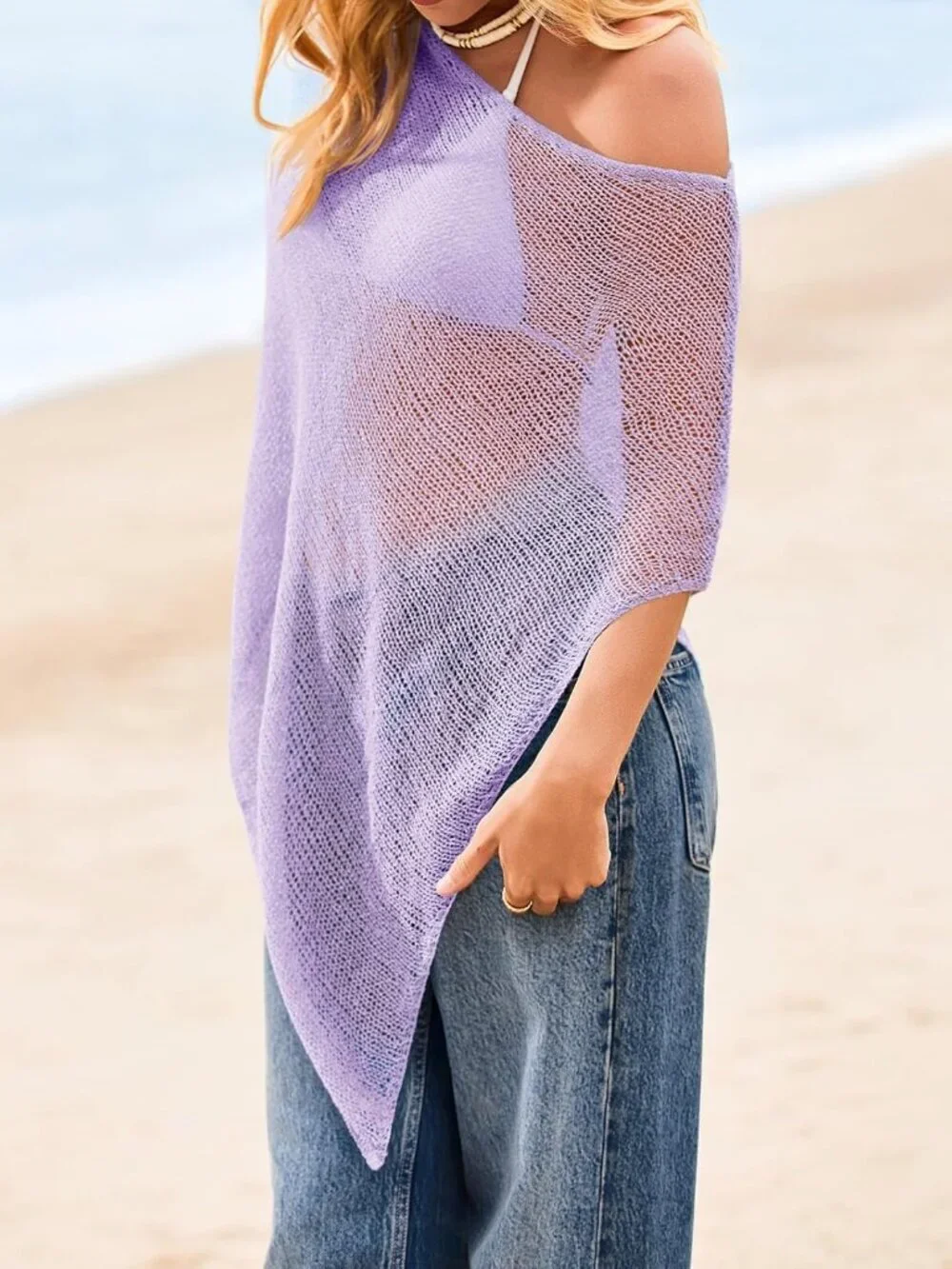 Women's Purple Lightweight Crochet Knit Mesh Shrug Trendy Sheer Cover Ups